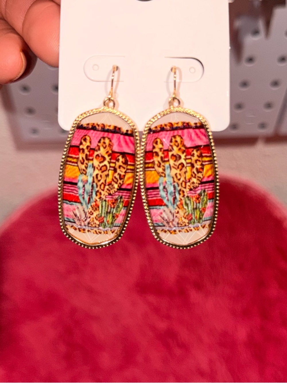 Gold-Trim Cactus Leopard Print Drop Earrings in Pink and Yellow